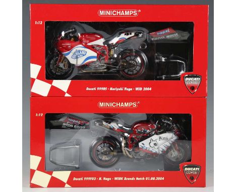 Two Minichamps 1:12 scale model racing motorcycles ridden by Noriyuki Haga, comprising No. 060241 Ducati 999 F03 WSBK Brands 