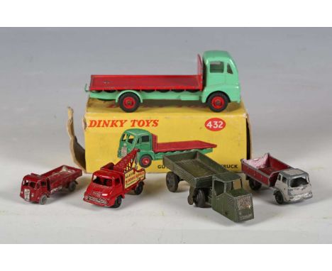 A Dinky Toys No. 432 Guy Warrior flat truck, boxed, a No. 415 mechanical horse and wagon and three Matchbox 1-75 vehicles (pl