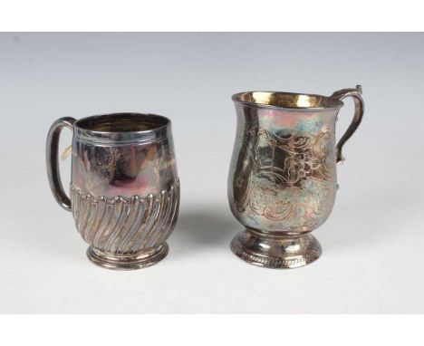 An early Victorian silver baluster christening mug with engraved decoration, flanked by a scroll handle, on a circular foot, 