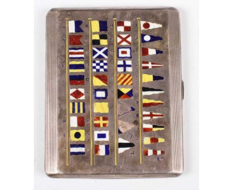 A George V silver and enamelled nautical signal flags cigarette case, the front enamelled with forty squares and pennants rep