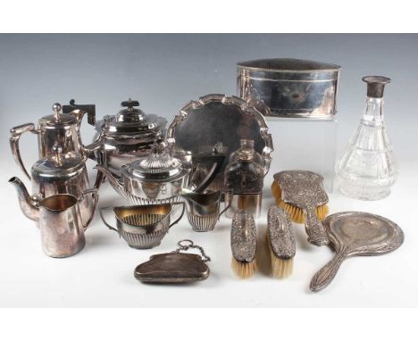 A group of plated items, including an oval biscuit box, bachelor's three-piece tea set, pair of salad servers, cased, and eve