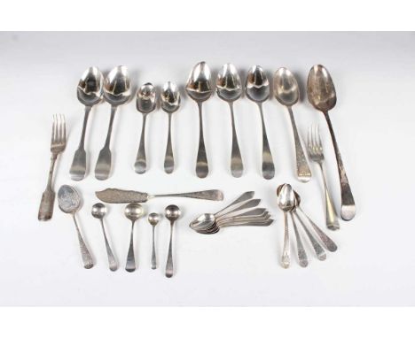 A George II silver Old English pattern basting spoon, London 1737, length 28cm, and a group of other silver cutlery, total we