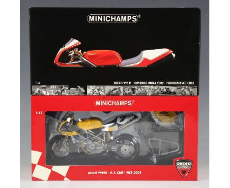 Two Minichamps 1:12 scale model racing motorcycles ridden by Pierfranco Chili, comprising No. 021207 Ducati 998 R Imola 2002,
