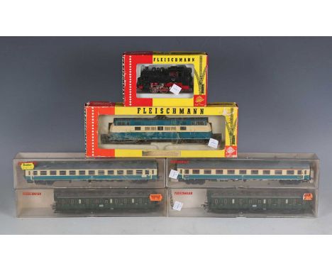 A group of Fleischmann HO gauge railway items, including No. 4236 diesel locomotive, No. 4029 0-6-0 tank locomotive and four 
