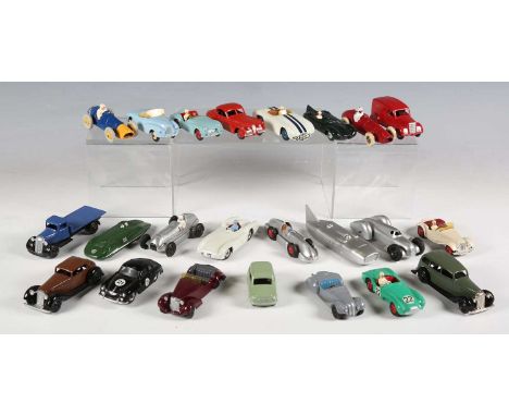 A group of repainted Dinky Toys cars, sports cars, racing cars and commercial vehicles, including 25 Series flat truck, No. 1