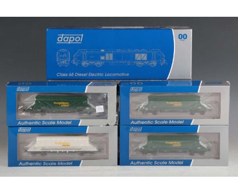 A Dapol OO gauge Class 68 diesel electric locomotive 68010, together with four Dapol limestone hoppers, all boxed (one hopper