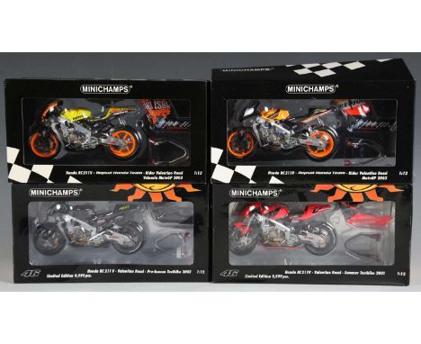 Four Minichamps 1:12 scale model GP racing motorcycles, comprising No. 027946 Honda RC211V Valentino Rossi pre-season test bi