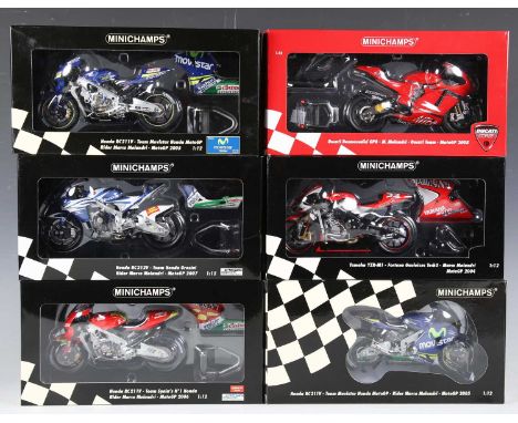 Six Minichamps 1:12 scale model MotoGP racing motorcycles ridden by Marco Melandri, comprising No. 043033 Yamaha YZR-M1 Fortu