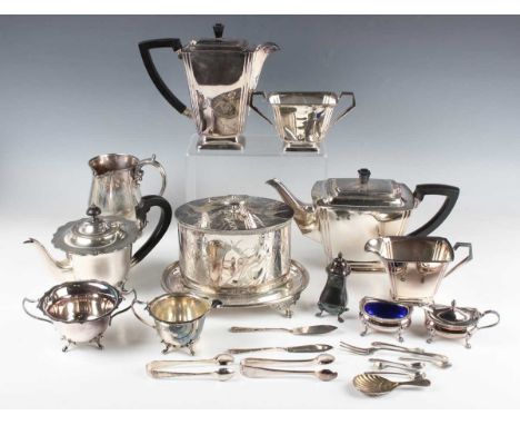 A group of plated items, including a Victorian Aesthetic oval biscuit box with integral stand, and engraved decoration, heigh