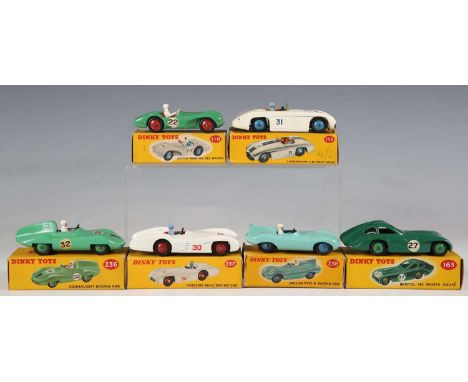 Six Dinky Toys sports cars, comprising No. 110 Aston Martin DB3 Sports, within correct colour spot box, No. 133 Cunningham C-
