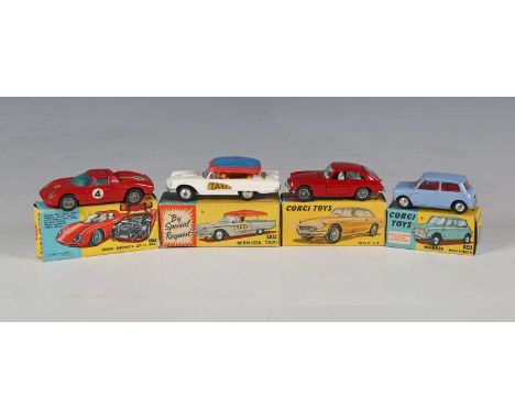 Four Corgi Toys cars, comprising No. 327 MGB GT in red with light blue interior and wire wheels, No. 314 Ferrari Berlinetta 2
