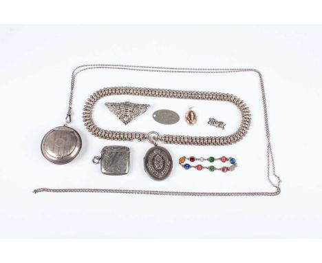 A Victorian oval pendant locket, length 5cm, with a collar neckchain, unmarked, length 44cm, a silver pendant compact, Birmin
