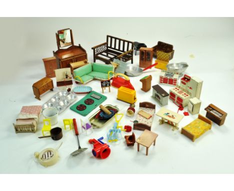 A selection of miniature dolls house furniture and accessories, mostly dating to mid 20th century. Various scales, makers etc