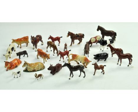 A group of lead metal farm animals comprising mostly horses and cow figures. Makers include Britains, Wendal, Johillco etc. S