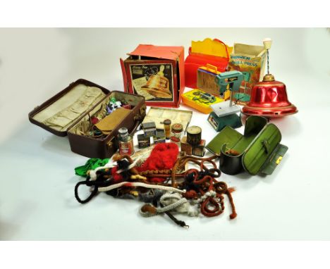 An eclectic group of old toys and related items comprising Song Top, tools, old tins including 1920's Silver Dragees plus a  