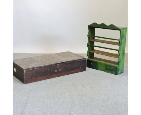 A 20th century pine tool chest, 112cm, together with a green painted pine wall shelf