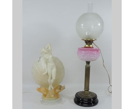 A 1920's Art Deco hardstone and alabaster lamp, 47cm tall, together with a brass converted oil lamp, with a pink glass reserv