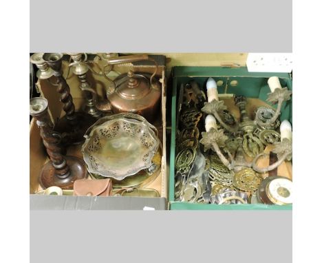 Two boxes of metalwares, to include horse brasses and fire tools and a warming pan