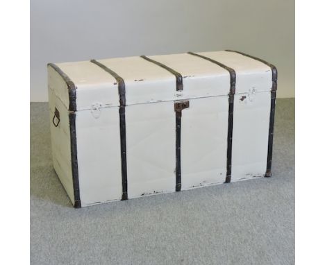 A cream painted and cane bound travel trunk, 98cm