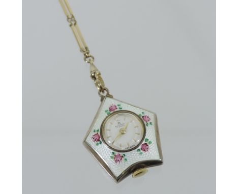 A Bucherer 17 jewel guilloche enamel pendant watch, on chain, cased