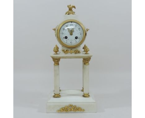 A 19th century French alabaster and ormolu mounted portico clock, with a white painted dial, striking on a bell, 41cm tall