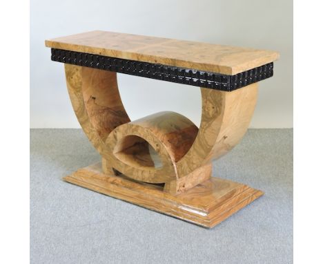 An Art Deco style simulated burr walnut console table, 122cm
