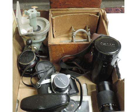 A Record tool, in a wooden box, together with a tool and a Pentax 35mm camera, with lenses