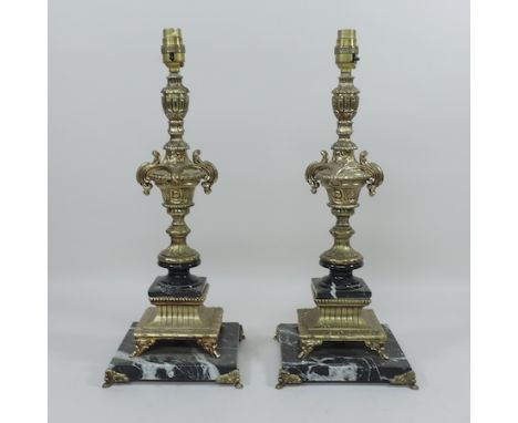 A pair of gilt brass and marble lamp bases, 46cm tall