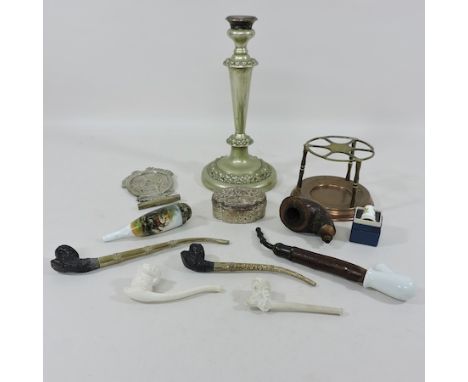 A collection of various pipes, together with a brass pipe stand, a white metal trinket box and a plated candlestick