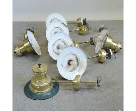 A set of seven mid 20th century enamelled and brass light fittings, 75cm tall