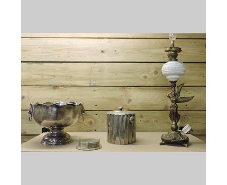 A silver plated punch bowl, 26cm, together with a biscuit barrel and a gilt metal table lamp