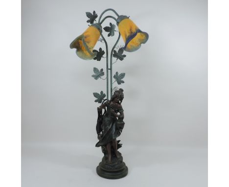 An Art Nouveau style bronzed figural table lamp, with glass shades, 78cm tall