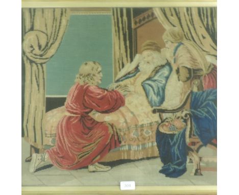 A 19th century tapestry, figures in an interior, 47 x 53cm, in a walnut frame