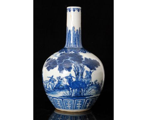 A 19th Century Chinese blue and white porcelain vase in the Kangxi  taste of globe and shaft form decorated with three goats 