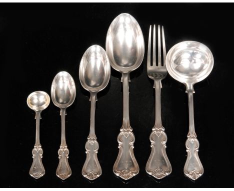 A Victorian hallmarked silver part canteen of cutlery, Albert pattern, comprising of a soup ladle, a sauce ladle, four table 
