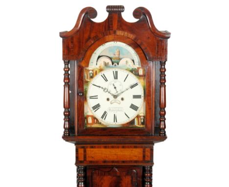A mid 19th Century mahogany longcase clock with eight-day movement, the swan neck pediment above the 14 inch painted broken a