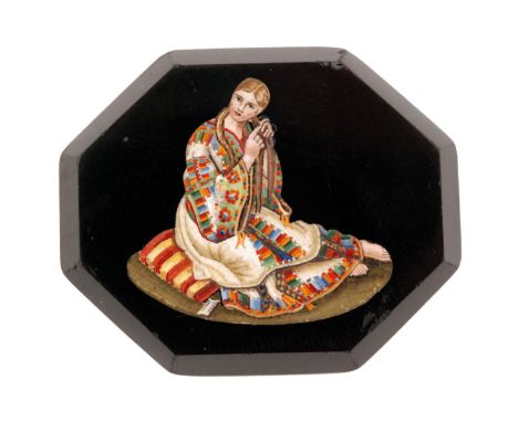 A 19th Century unmounted octagonal micromosaic plaque in the manner of Gioacchino Barberi (1783-1857), the black glass plaque