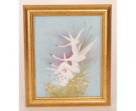 A later 20th Century framed hand painted porcelain plaque painted by former Royal Worcester artist Jason Bowman with six swan