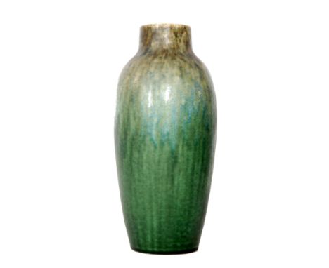 A Ruskin Pottery crystalline glaze vase of high shouldered form decorated in a mottled green glaze with blue flecks, impresse