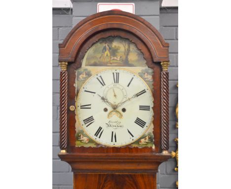 A mid 19th Century inlaid mahogany long case clock with eight day striking movement, the painted dial detailed with a hunting