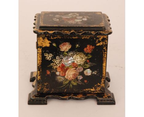 A mid 19th Century black lacquered papier mache jewellery cabinet with foliate painted, gilt and mother of pearl inlaid decor