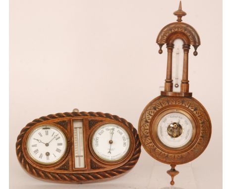 A Victorian oak cased clock, aneroid barometer and thermometer in rope twist border by Chadburns Ltd Liverpool, width 30cm, t