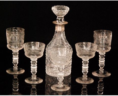 A mid 20th Century part suite of clear crystal drinking glasses to comprise ten red wine and eight white, with cut and engrav