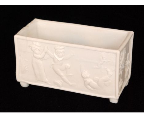 A late 19th Century Sowerby milk white pressed glass flower trough depicting Ice Skaters to one side, after a design by Walte