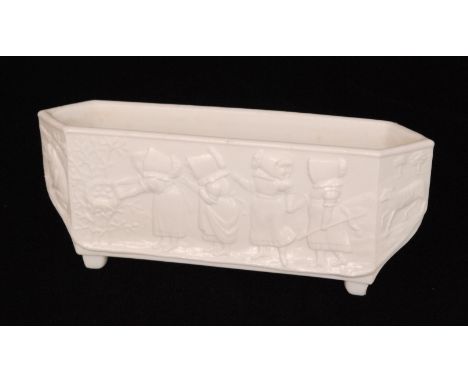 A late 19th Century Sowerby milk white pressed glass trough depicting the Victorian nursery rhyme 'Elizabeth, Elspeth, Betsy 