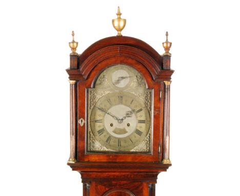 A George III mahogany longcase clock, the brass dial with subsidiary double ring date and month calendar dial above corner sp