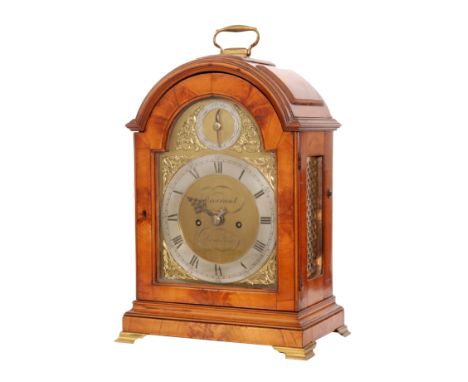 A late 18th Century mahogany cased bracket clock by Durrant London, the arched dial with corner spandrels and a silvered chap