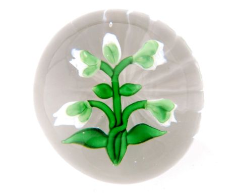 A 19th Century French paperweight by Baccarat decorated with a four white clematis buds with three stems and four leaves, hav