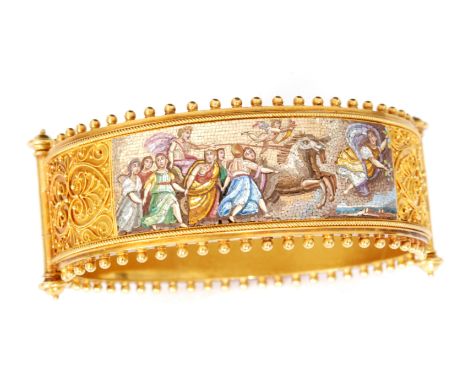 A 19th Century 22ct gold and micromosaic hinged bangle of oval form with side hinges, the top decorated with a curved rectang