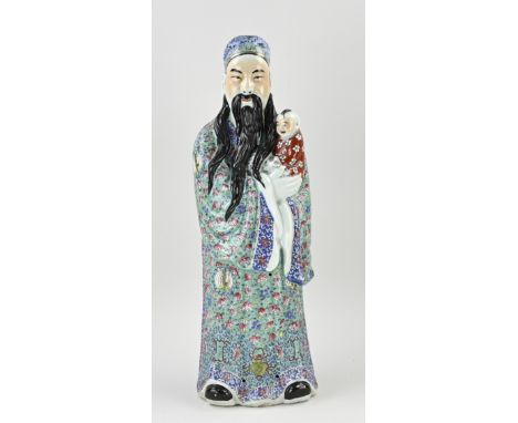 Very large Chinese porcelain Family Rose Buddha figure with floral/fish decor. With bottom mark. First half 20th century. Dim